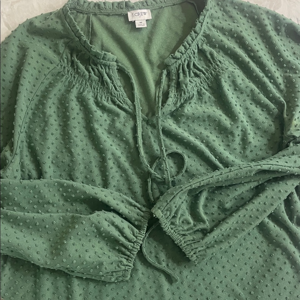 J Crew Clip-dot smocked-neck long sleeve V neck green top blouse size M - Picture 4 of 11